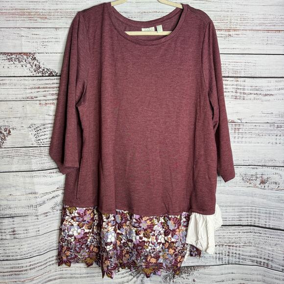 LOGO by Lori Goldstein Tops - LOGO Lounge Layered Lace Hem Tunic Top 2X Boho Floral